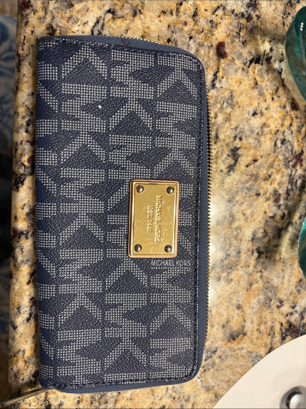 Michael Kors Navy and Gray Logo Zip Wallet with Gold Plaque